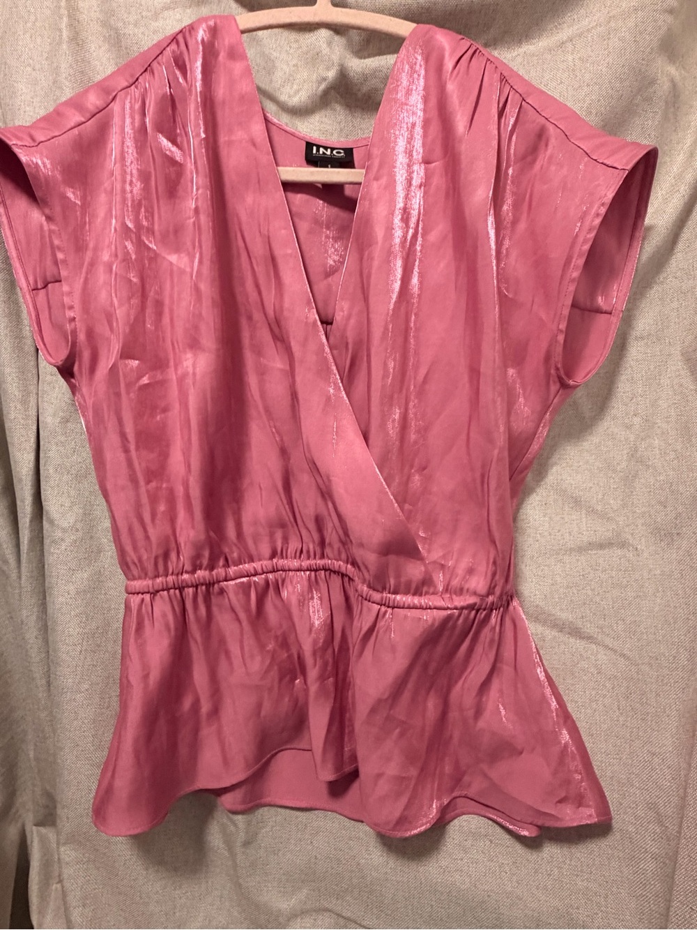 INC International Concepts Shimmer Rose Pink V-Neck Peplum Blouse